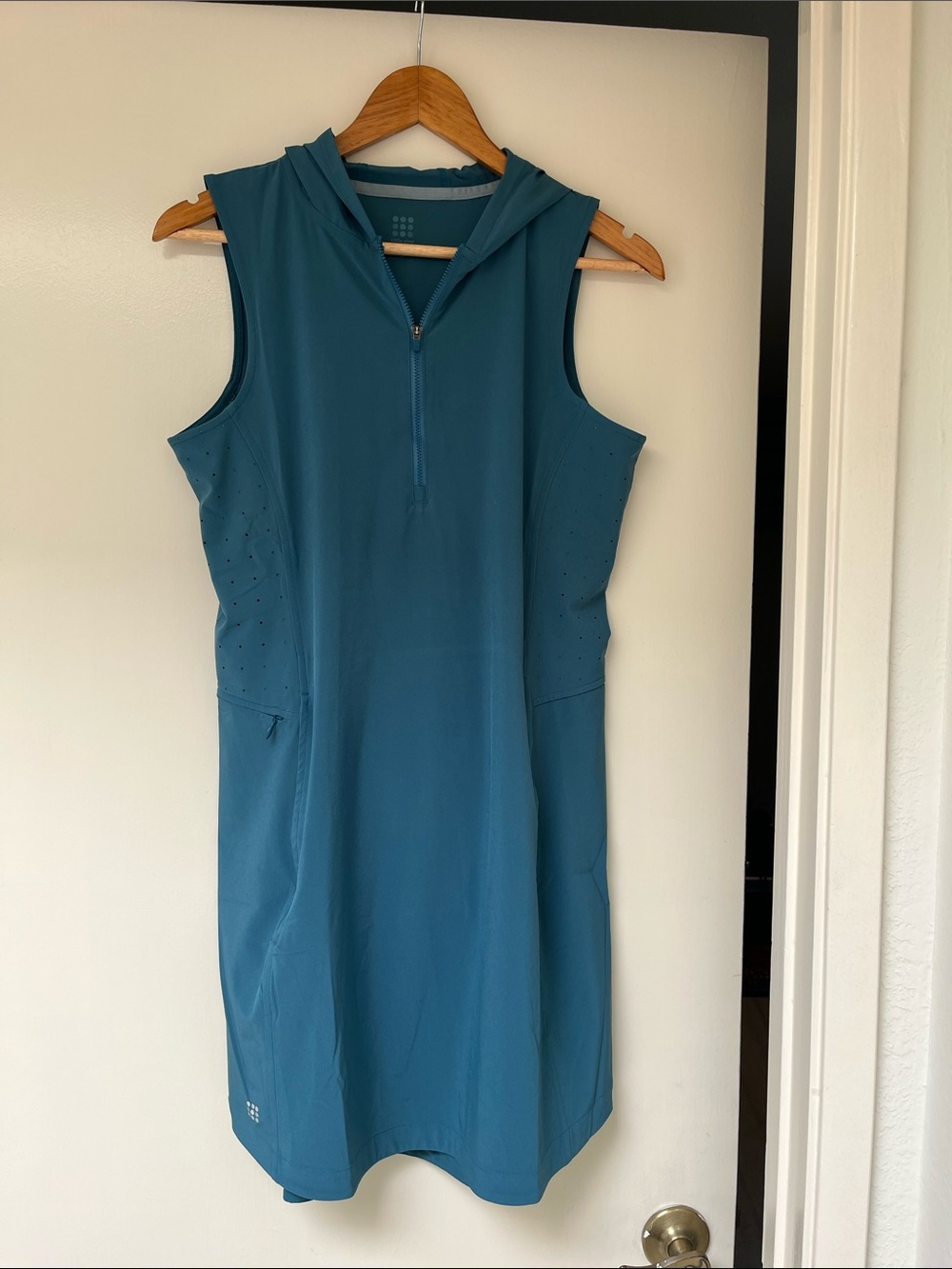 Title Nine's "Boom" Sleeveless Hooded Active Dress in Teal